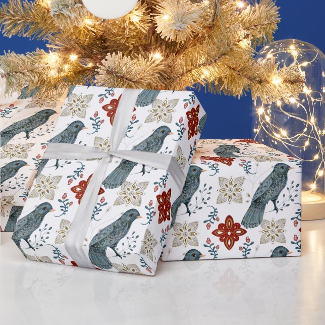 Papier Cadeau Créez votre propre oiseau nordique bleu (Vacances)