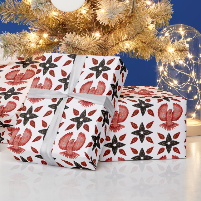 Papier Cadeau Créez votre propre oiseau rouge nordique & étoiles (Vacances)