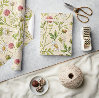 Papier Cadeau Crème Bohème Prairie avec Marguerites et Trèfle