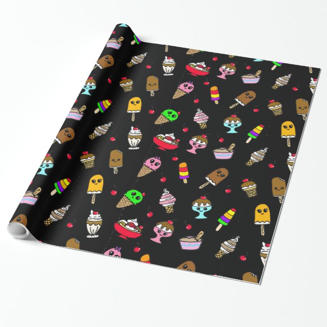 Papier Cadeau Crème de glace de Whimsical et cerises Anniversair (Déroulé)