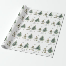 Papier Cadeau Crème d'or vert rustique Snowman Arbres de Noël