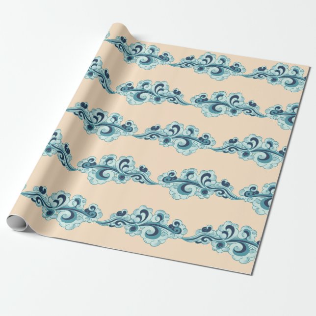 Papier Cadeau Crème et bleu chinois nuages du Nouvel An (Déroulé)