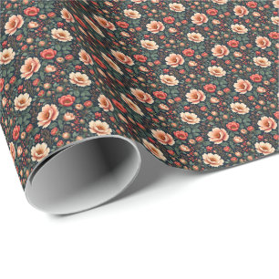 Papier Cadeau Crème et corail Belle florale