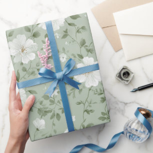 Papier Cadeau Crème Fleur Motif Floral Vert Doux