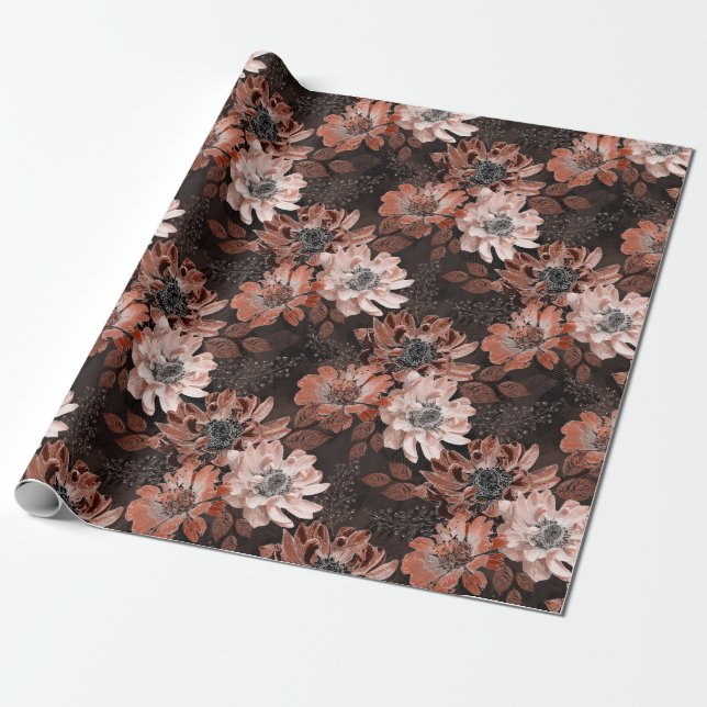 Papier Cadeau Crème, fleurs en terre cuite sur un brun foncé (Déroulé)