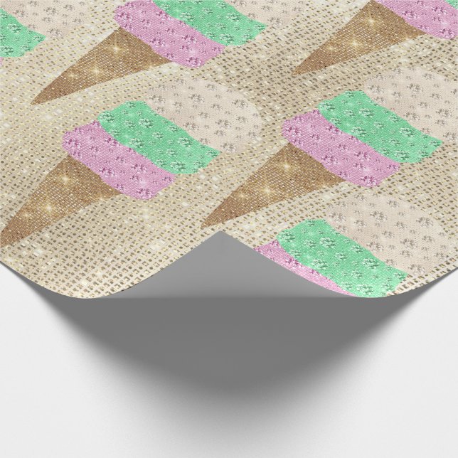 Papier Cadeau Crème glacée vert vert ivoire rose métal brillant (Coin)