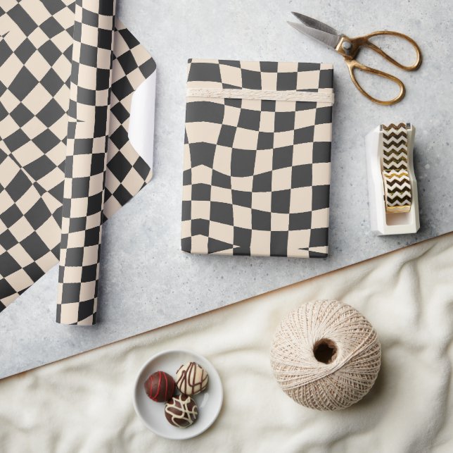 Papier Cadeau crème noire super rétro à damiers ondulée (Artisanat)