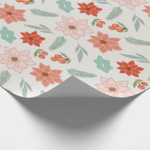 Papier Cadeau Crème Poinsettia Berry Noël blanc