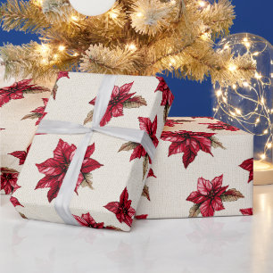 Papier Cadeau Crème Rouge Poinsettia Floral Noël