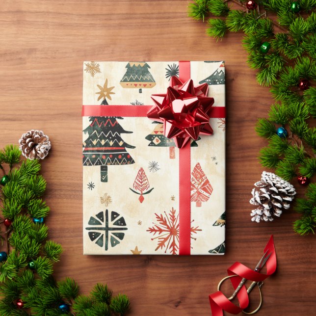 Papier Cadeau Crème Rouge Vert Occidental Arbres de Noël (Cadeau de vacances)