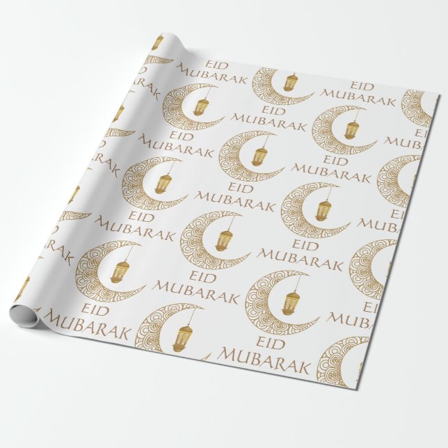 Papier Cadeau Crescent d'or Lune et Lanterne Aïd Moubarak Islami (Déroulé)