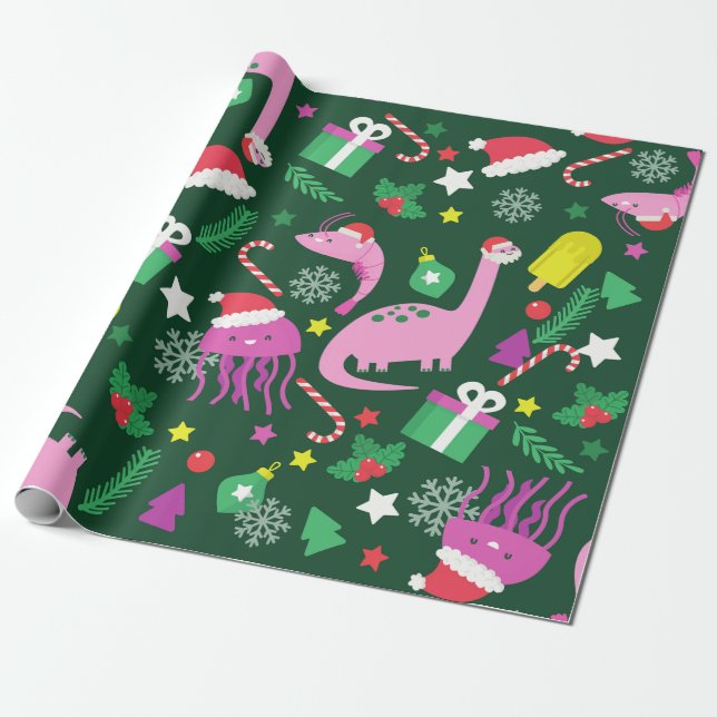 Papier Cadeau crevettes de noël dinosaure méduse père Noël (Déroulé)