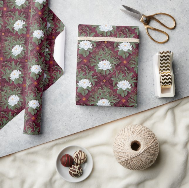 Papier Cadeau Crimson Lotus Elegance Motif - Le Lotus Blanc (Artisanat)