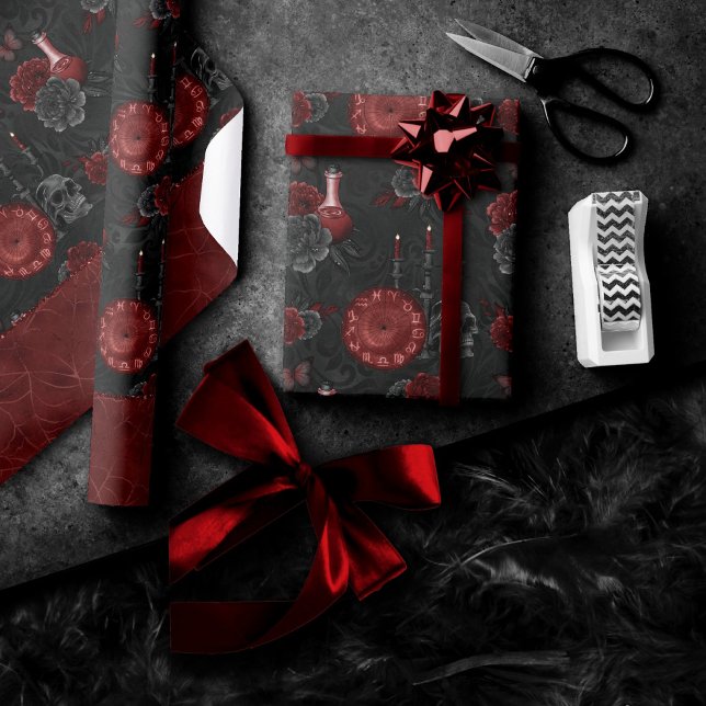 Papier Cadeau Crimson magique Zodiac | Rose de crâne gothique ro (Créateur téléchargé)