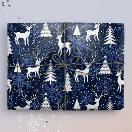 Papier Cadeau Cristal de glace Noël Cerf Cobalt bleu