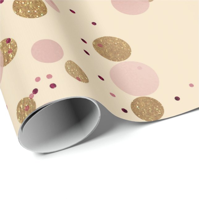 Papier Cadeau Cristal d'or crème ivoire Points Confetti rose (Coin rond)