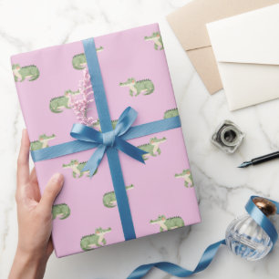 Papier Cadeau Crocodiles à l'aquarelle sur fond rose clair