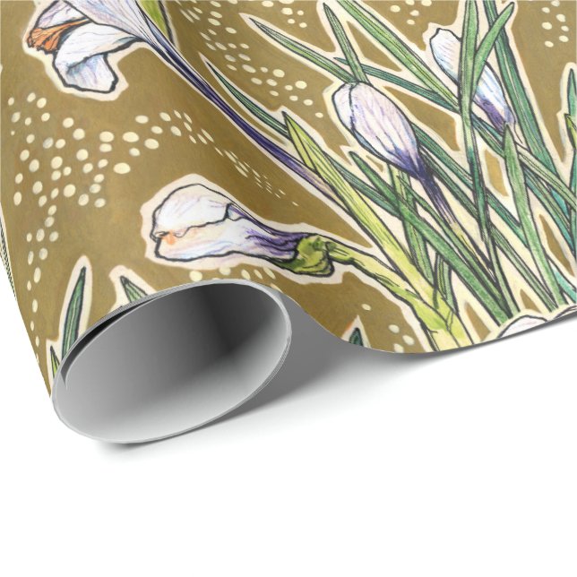 Papier Cadeau Crocus blancs Fleurs de jardin Floral botanique Ol (Coin rond)