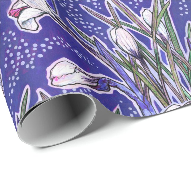 Papier Cadeau Crocus blancs Fleurs du jardin Floral Botanique Bl (Coin rond)