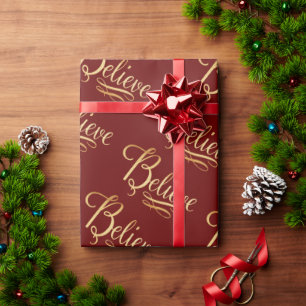 Papier Cadeau Croire Gold Red Noël Holiday Élégant Script