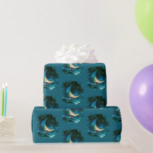 Papier Cadeau Croissant de Lune Étoiles Céleste Bleu Halloween