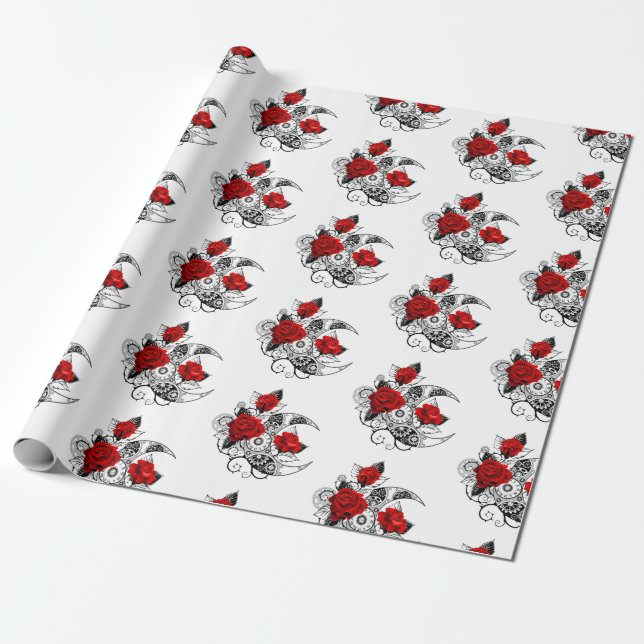 Papier Cadeau Croissant mécanique avec roses rouges (Déroulé)
