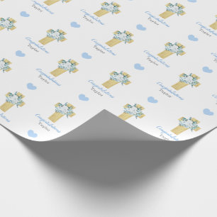 Papier Cadeau Croix Bleue Personnalisée Boy Baptism Communion