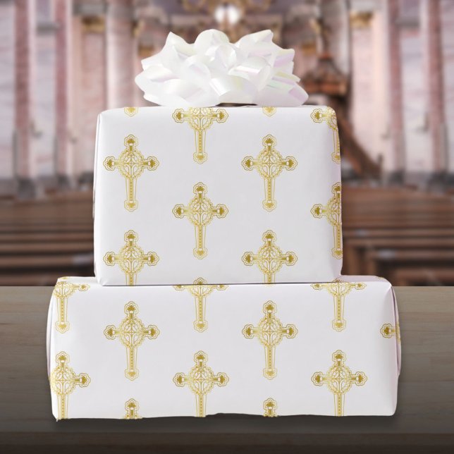 Papier Cadeau Croix chrétienne en or baptême christmase communio (Christian Gold Cross Baptism Christening Communion Wrapping Paper)