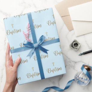 Papier Cadeau Croix d'or Baptême motif bleu Christian