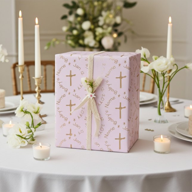 Papier Cadeau Croix dorée religieuse personnalisée sur Rose Brum (Créateur téléchargé)