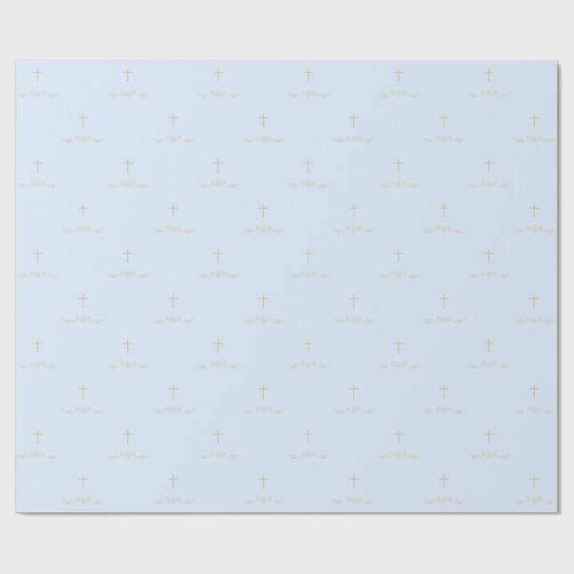 Papier Cadeau Croix et lauriers d'or dans bleu-clair (Plat)
