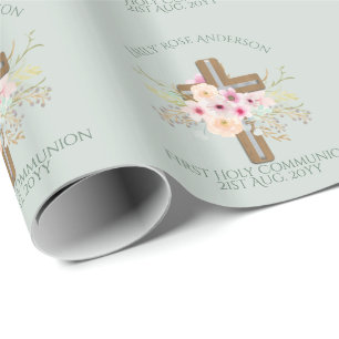 Papier Cadeau Croix florale personnalisée de la Sainte Communion
