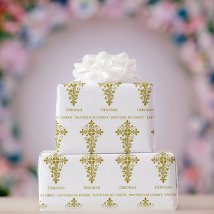 Papier Cadeau Croix ornée élégante en or baptême