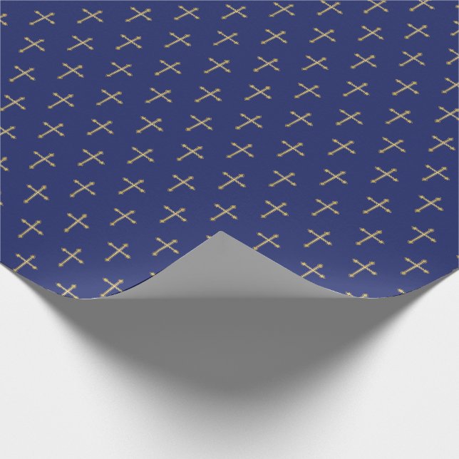Papier Cadeau Croix simple chrétienne d'or sur le bleu marine (Coin)