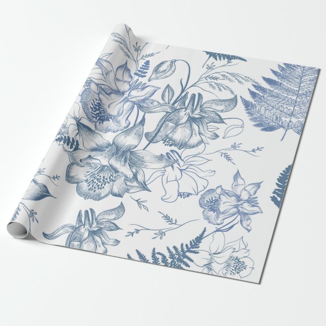 Papier Cadeau Croquis botanique Indigo (Déroulé)