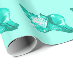 Papier Cadeau Croquis de conque - turquoise, blanc et aqua