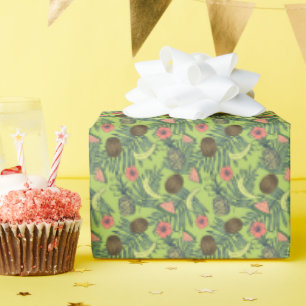 Papier Cadeau Croquis de fruits tropicaux sur Motif vert