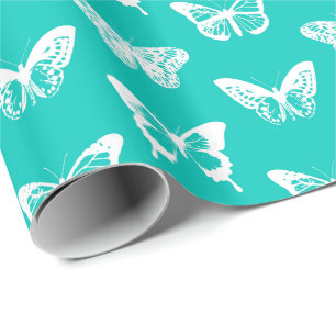 Papier Cadeau Croquis de papillon, bleu turquoise et blanc