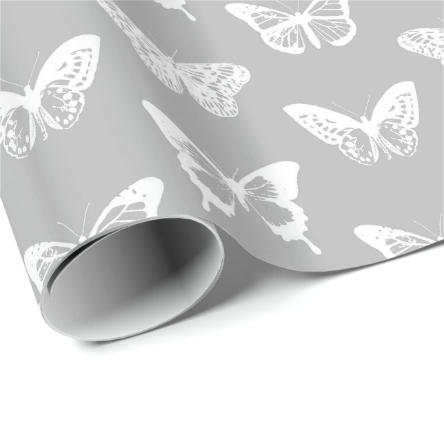 Papier Cadeau Croquis de papillon, gris argenté et blanc (Coin rond)