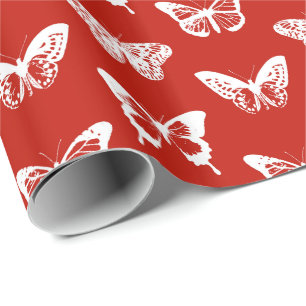 Papier Cadeau Croquis de papillon, rouge-foncé et blanc