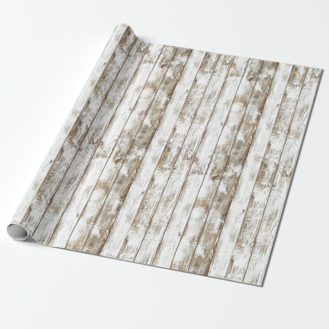 Papier Cadeau Cru en bois patiné blanc de grange rustique (Déroulé)