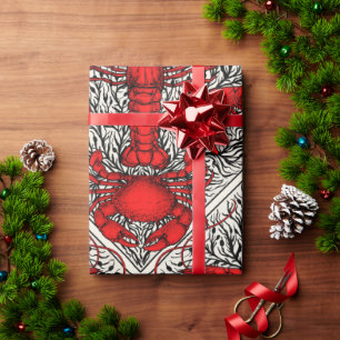 Papier Cadeau Crustacés en rouge, noir et ivoire