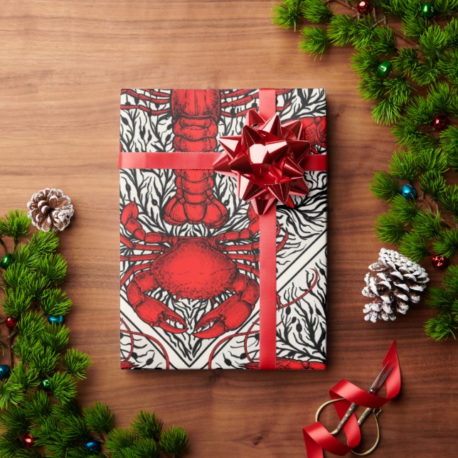 Papier Cadeau Crustacés en rouge, noir et ivoire (Cadeau de vacances)