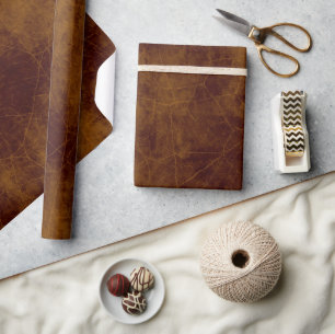 Papier Cadeau Cuir look marron vieux plumes