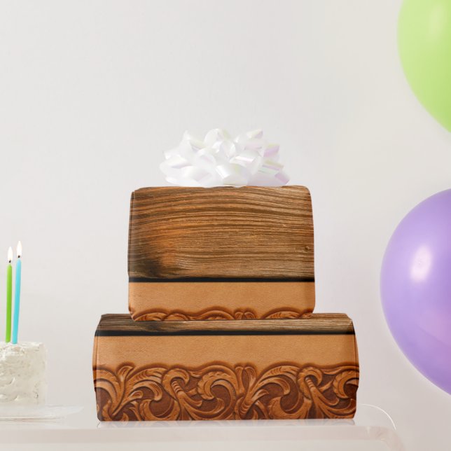 Papier Cadeau Cuir occidental de style naturel travaillé Bois fo (Cadeaux de fête)