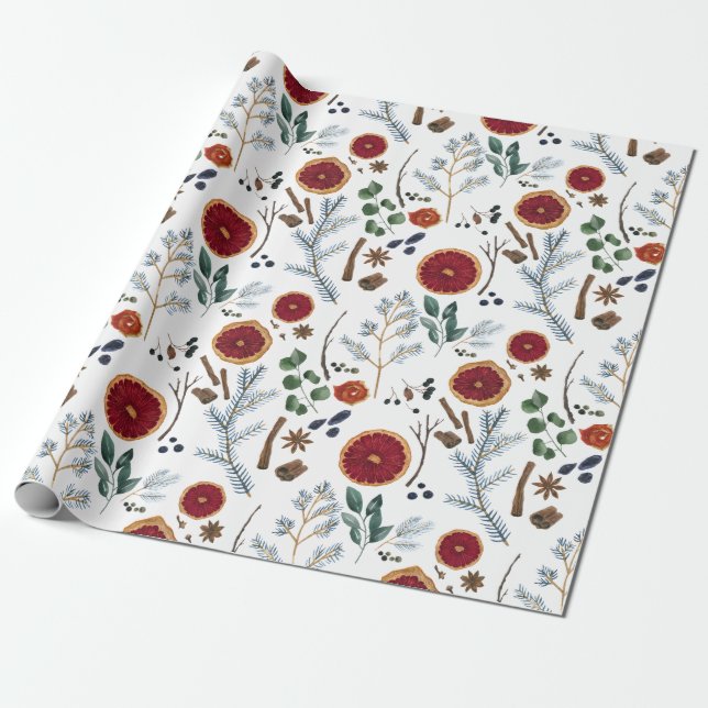 Papier Cadeau Cuisine d'hiver Pin rustique et Noël orange (Déroulé)