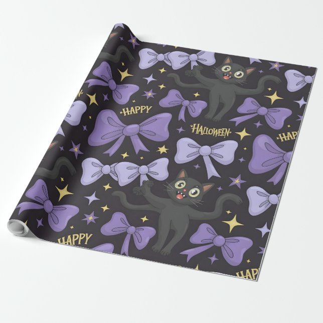 Papier Cadeau Cuisine Éffrayante Chat Noir & Bow Halloween sans  (Déroulé)