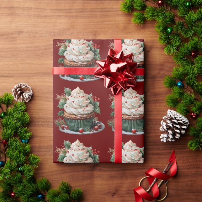Papier Cadeau Cupcake blanc Froid Holly Red Berries (Cadeau de vacances)