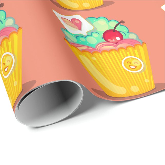 Papier Cadeau Cupcake coeur et cerise pêche or turquoise mignon (Coin rond)