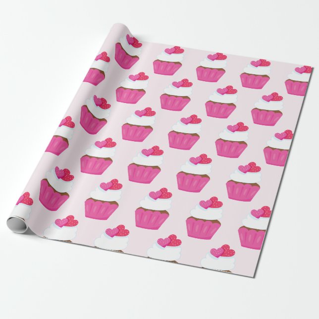 Papier Cadeau Cupcake Coeur Rose Saint Valentin Cadeau (Déroulé)
